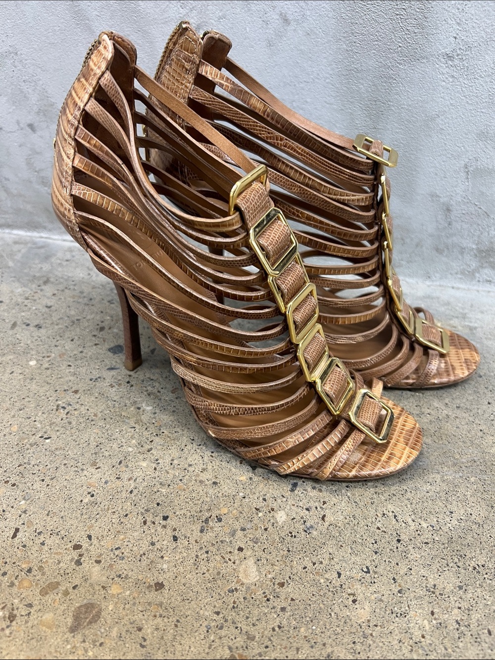 Tory Burch Brown Strappy High Heel Sandals with Gold Buckle Detail